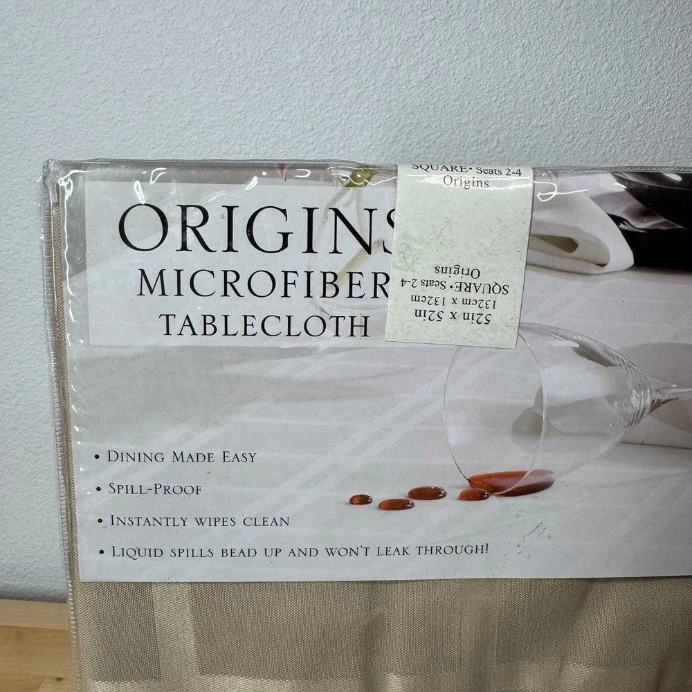 Origins Microfiber Tablecloth Beige Square 52x52 Spill Proof Damask Check NEW